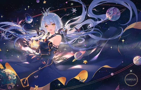 Night, lights, magic, planet, crown, orbit, vocaloid, Stardust