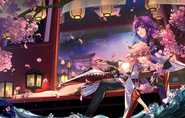 Water, night, house, girls, flowering, torii, Genshin Impact, Raiden Shogun