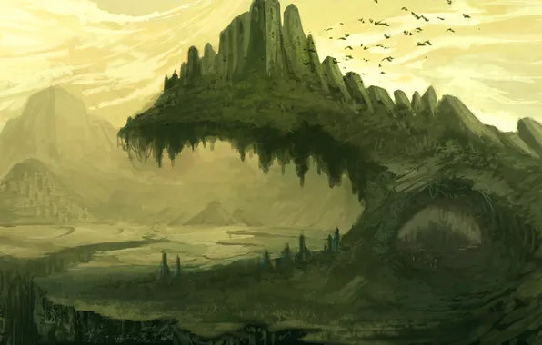 Mountains, the city, castle, rocks, bird, art, fantasy world