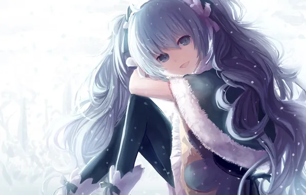 Girl, snow, art, vocaloid, hatsune miku, sitting, tails, yuki miku