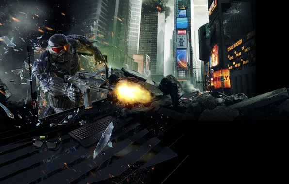 The city, crisis, monitor, Crysis 2, new York, 3d glasses