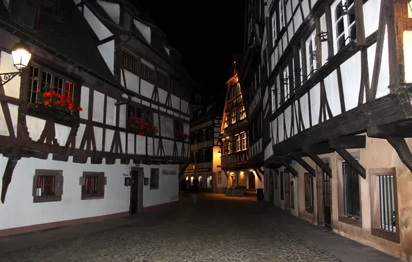 Night, street, France, home, Strasbourg, Fachwerk
