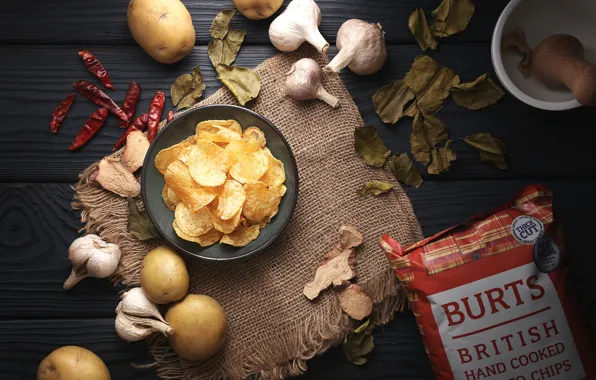 Garlic, chips, potatoes