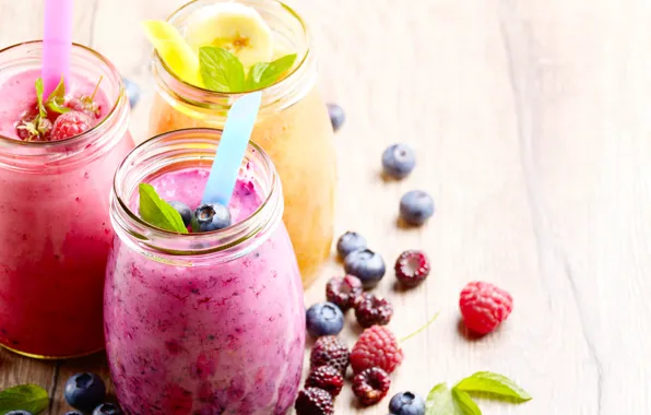 Berries, raspberry, blueberries, bananas, cocktail, Bank, smoothies