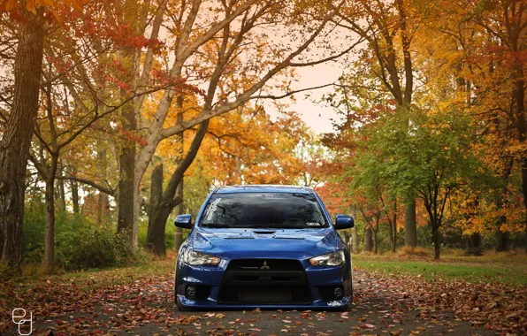 Road, autumn, blue, foliage, tuning, Mitsubishi, Evo X, Lancer