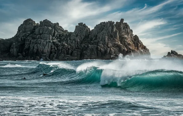 Sea, wave, clouds, storm, people, rocks, shore, bathing