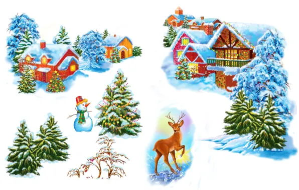 Home, Snow, Spruce, Deer, New year, Holiday, Snowman