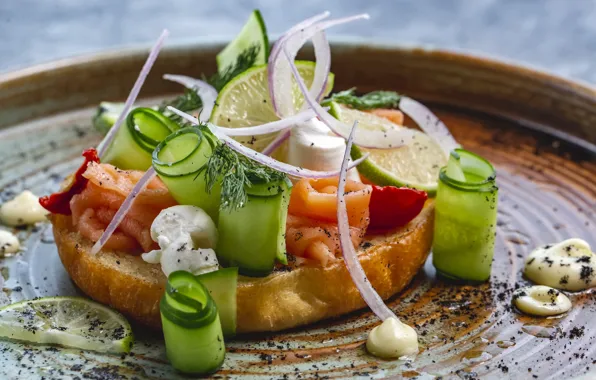 Lemon, fish, cheese, bread, pieces, sandwich, vegetables, sauce