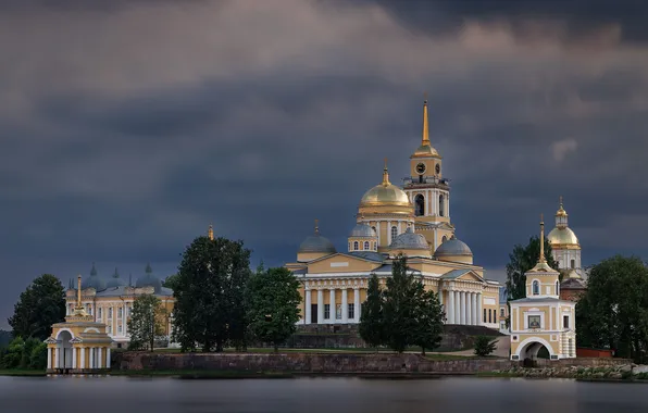 Picture lake, the evening, temple, Russia, the monastery, Nilo-Stolobenskaya Pustyn', Lake Seliger, Epiphany Cathedral