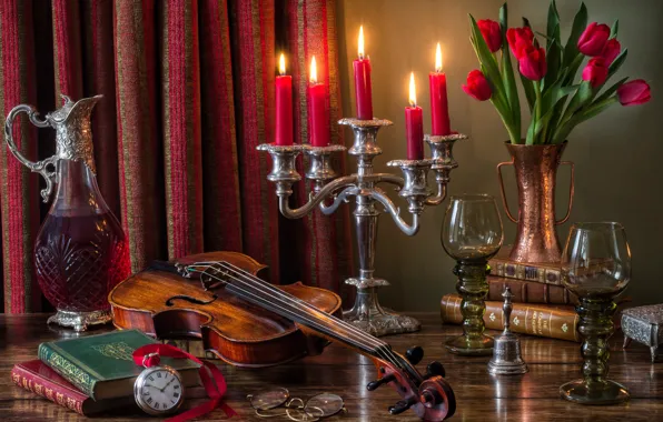 Flowers, style, wine, violin, watch, books, candles, glasses