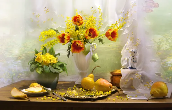 Flowers, table, plate, knife, tulips, vase, fruit, still life