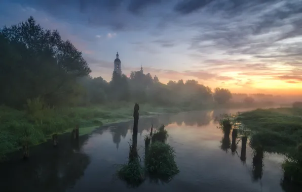 Landscape, nature, fog, river, dawn, village, morning, Church