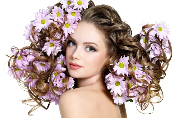 Picture look, girl, flowers, face, hair, makeup, hairstyle, white background