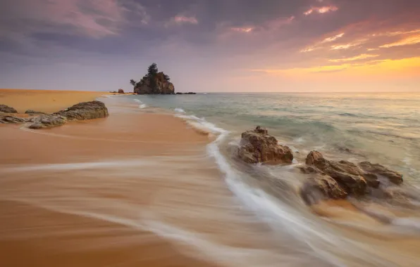Picture waves, beach, sea, sunset, rocks, tide, long exposure