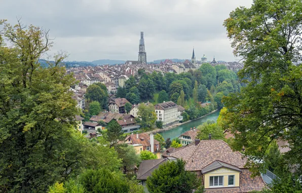 Trees, river, building, Switzerland, panorama, Switzerland, Bern, Bern