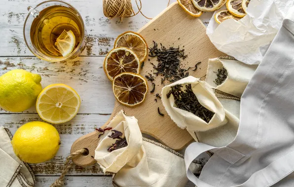 Tea, Board, rope, the tea party, Cup, light background, lemons, welding