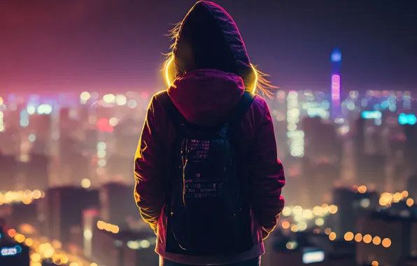 City, Light, Night, Digital Art, Cyberpunk, AI Generated