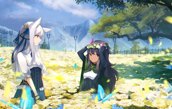 Flowers, Butterfly, Meadow, Girls