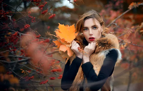 Picture autumn, leaves, girl, branches, berries, bouquet, makeup, fur