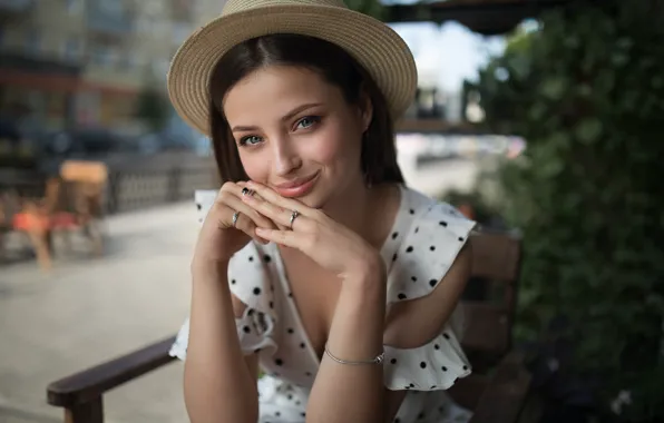 Picture girl, smile, photo, street, Veronica, hat, hands, ring