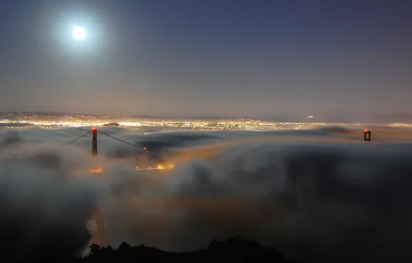 Night, bridge, the city, lights, fog, Strait, the moon, the evening