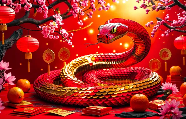 Snake, Christmas, snakes, New year, red background, symbol of the year, 2025, AI art