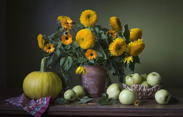 Flowers, table, apples, bouquet, yellow, pumpkin, pot, still life