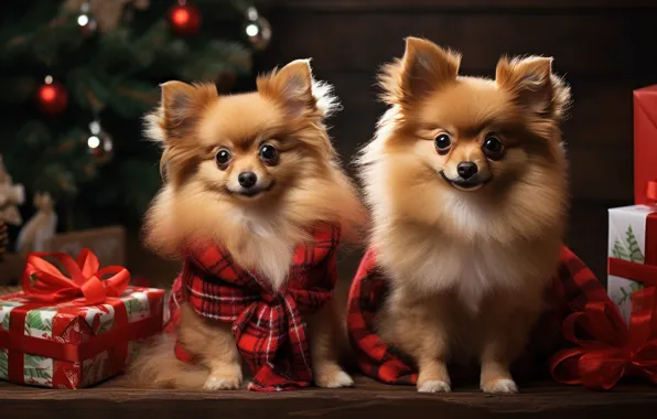 Dogs, look, dog, Christmas, New year, a couple, Duo, Christmas decorations
