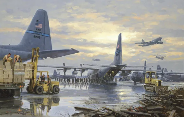 Aircraft, soldiers, boxes, military base, pogruschik