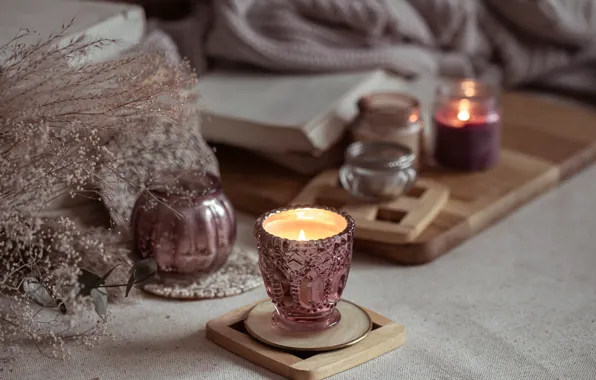 Comfort, table, flame, candle, bouquet, candles, dry, book