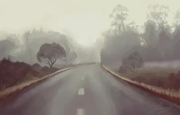 Road, the sky, trees, art, painting