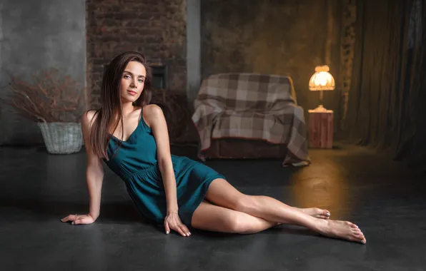 Look, girl, pose, room, figure, dress, lamp, legs