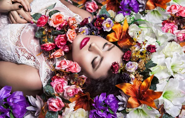Girl, flowers, makeup, lipstick, photographer Karolina Ryvolova, Aneta Kotikovа