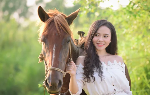 Picture girl, smile, horse, horse, Asian