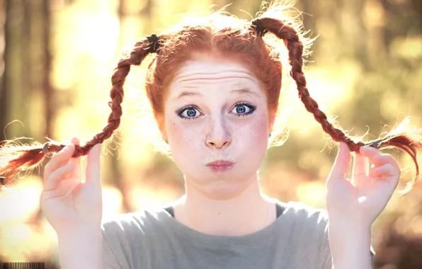 Girl, freckles, braids, facial expressions