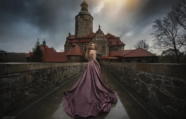 Autumn, girl, castle, back, the evening, train, dress, Marketa Novak