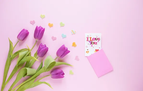Picture flowers, gift, bouquet, hearts, tulips, love, fresh, I love you