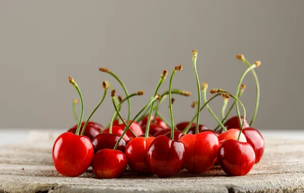 Cherry, berries, Board, grey background, cherry, the stalk