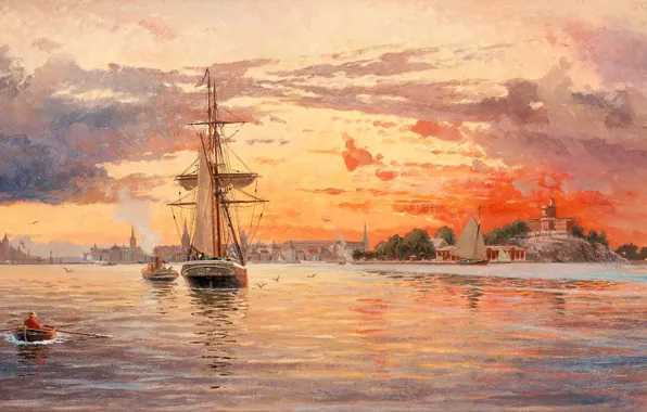 The boatman, Jakob Haq, Sunset over the sea near Stockholm, Marine painter