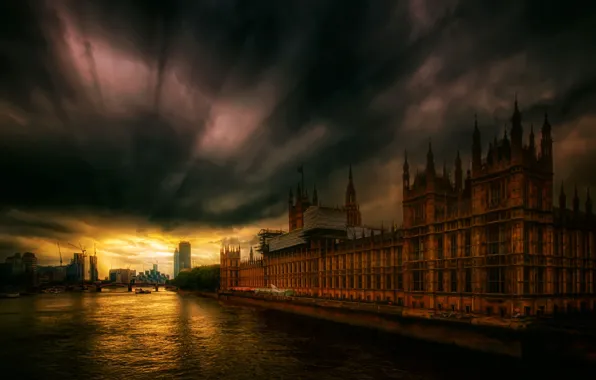 Clouds, river, England, London, Parliament, Thames