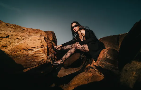 Pose, stones, model, brunette, legs, sunglasses, Maks Miron