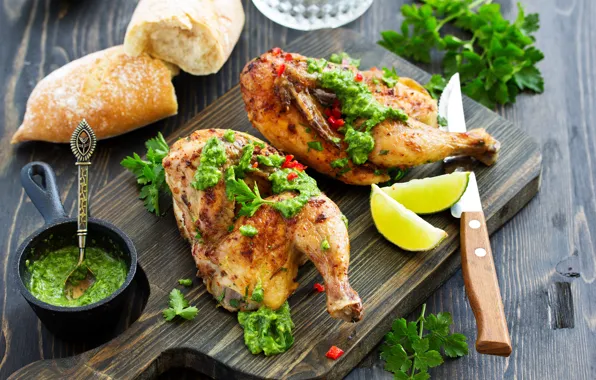 Lemon, food, chicken, bread, meat, sauce, spices, grill