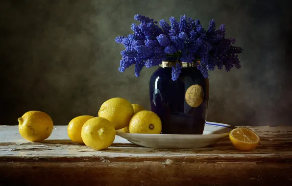 Flowers, table, bouquet, spring, plate, vase, still life, blue