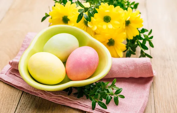 Flowers, holiday, Board, eggs, towel, bouquet, spring, yellow