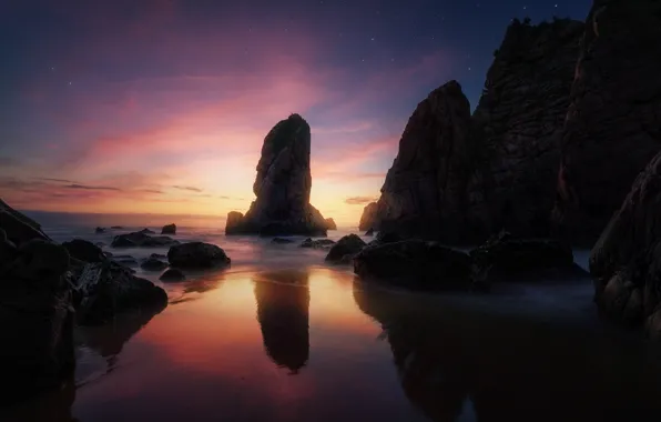 Beach, night, nature, rocks, the evening, morning