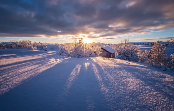 Picture the sky, the sun, clouds, snow, Norway, winter is coming