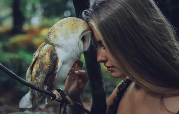 Girl, owl, friendship, pet