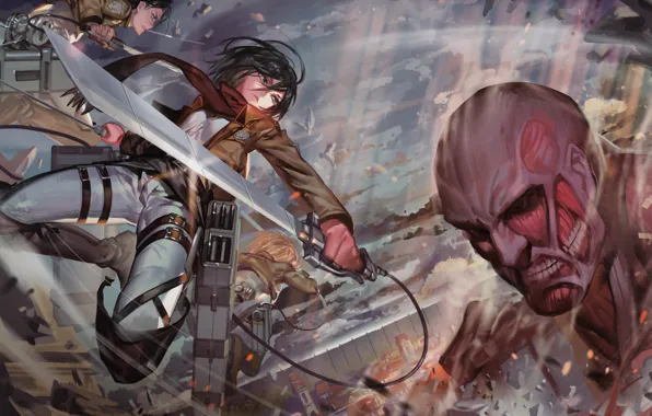 Weapons, wall, smoke, battle, military, Titan, Shingeki no Kyojin, Mikasa Ackerman
