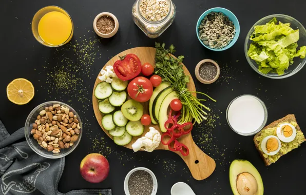 Breakfast, juice, nuts, vegetables, muesli, orange