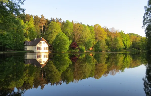Autumn, reflection, trees, lake, house, colors, house, trees